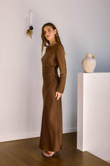 Cross The Skies Satin Long Sleeve Maxi Dress Brown