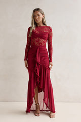 Flirtation Hour Lace Long Sleeve Maxi Dress Burgundy