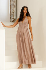 Halter-Maxikleid mit Kopfsteinpflaster-Muster, Braun
